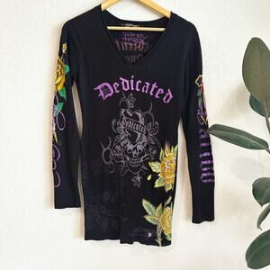 VTG Y2K Ed Hardy Sweater/Tunic Dress Medium Embellished Pull-Over Fitted Grunge